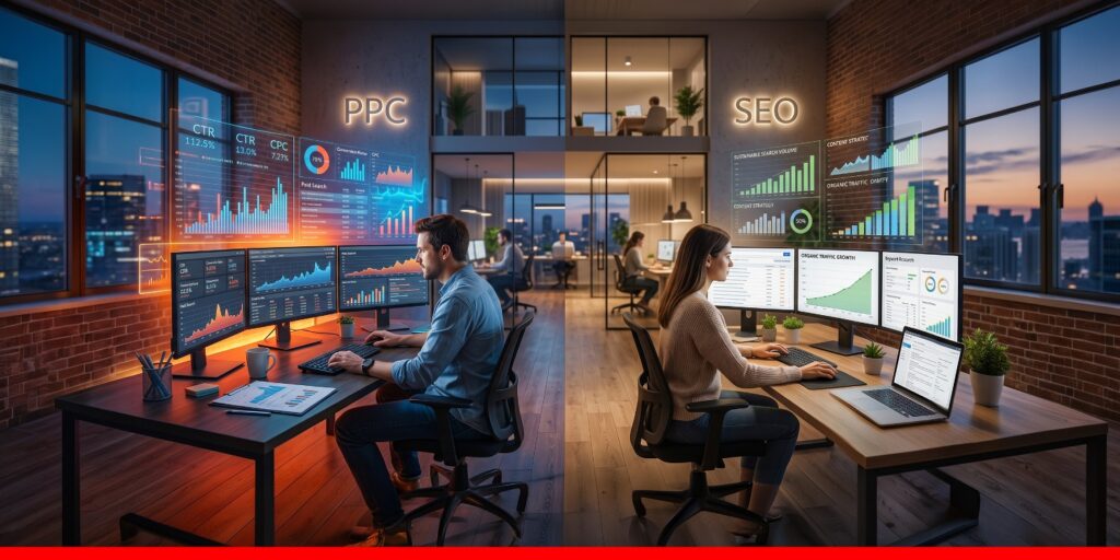 Comparison visual of PPC vs SEO – Which Is Better for Your Business, with traffic and cost indicators