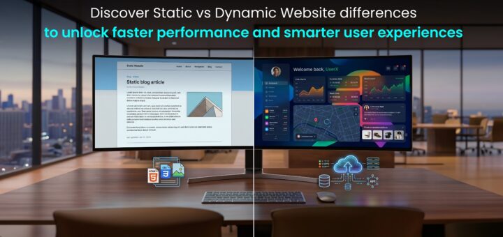 Visual comparison of Static vs Dynamic Website showing fixed pages versus interactive content and database-driven updates