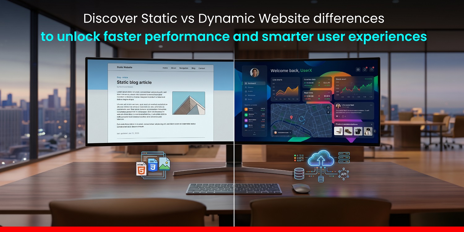 Visual comparison of Static vs Dynamic Website showing fixed pages versus interactive content and database-driven updates