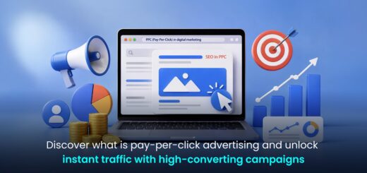 Illustration explaining what is pay-per-click advertising with ad clicks, budget spending, and search engine results