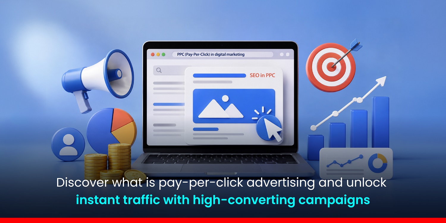 Illustration explaining what is pay-per-click advertising with ad clicks, budget spending, and search engine results